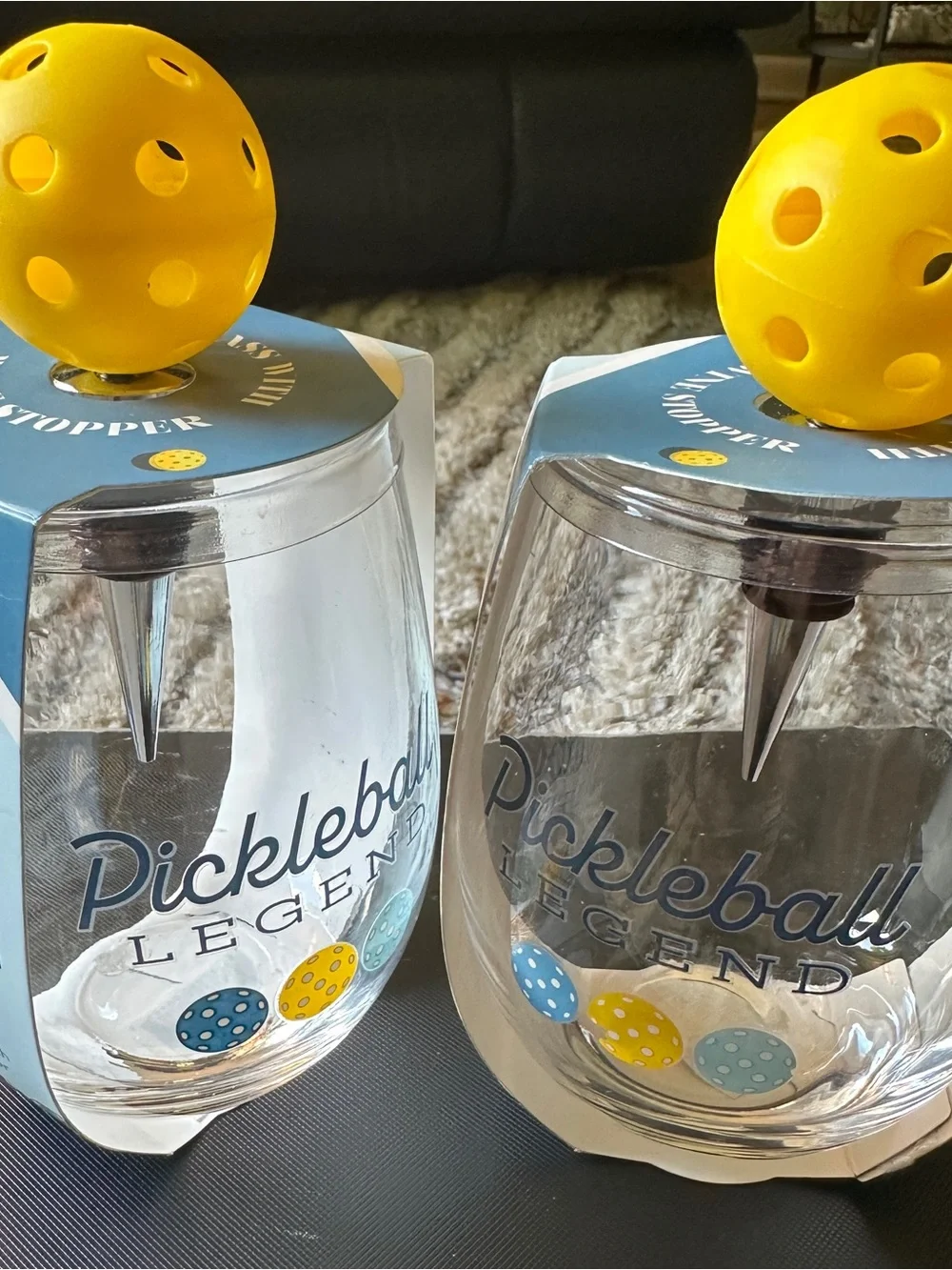 Pickleball Legend Wine Glass with Yellow Pickleball Topper (set of 2)